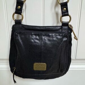 Fossil Long Live Vintage 1954 Black Leather Crossbody Bag. 11” by 10” by 0.5”